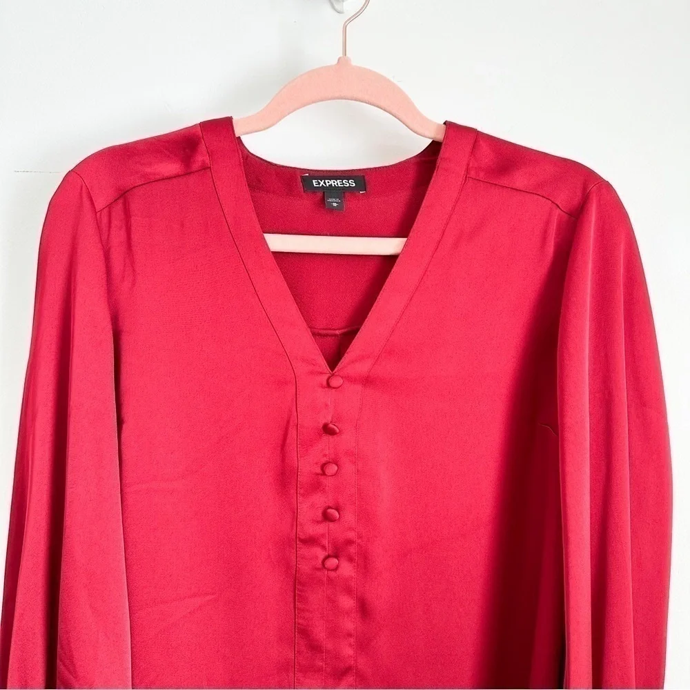 Express Satin Silky V neck Button Detail Balloon Sleeve Blouse Top Crimson Med